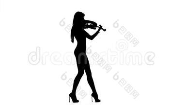 弹<strong>中提琴</strong>的女孩。 白色背景的剪影。 慢动作